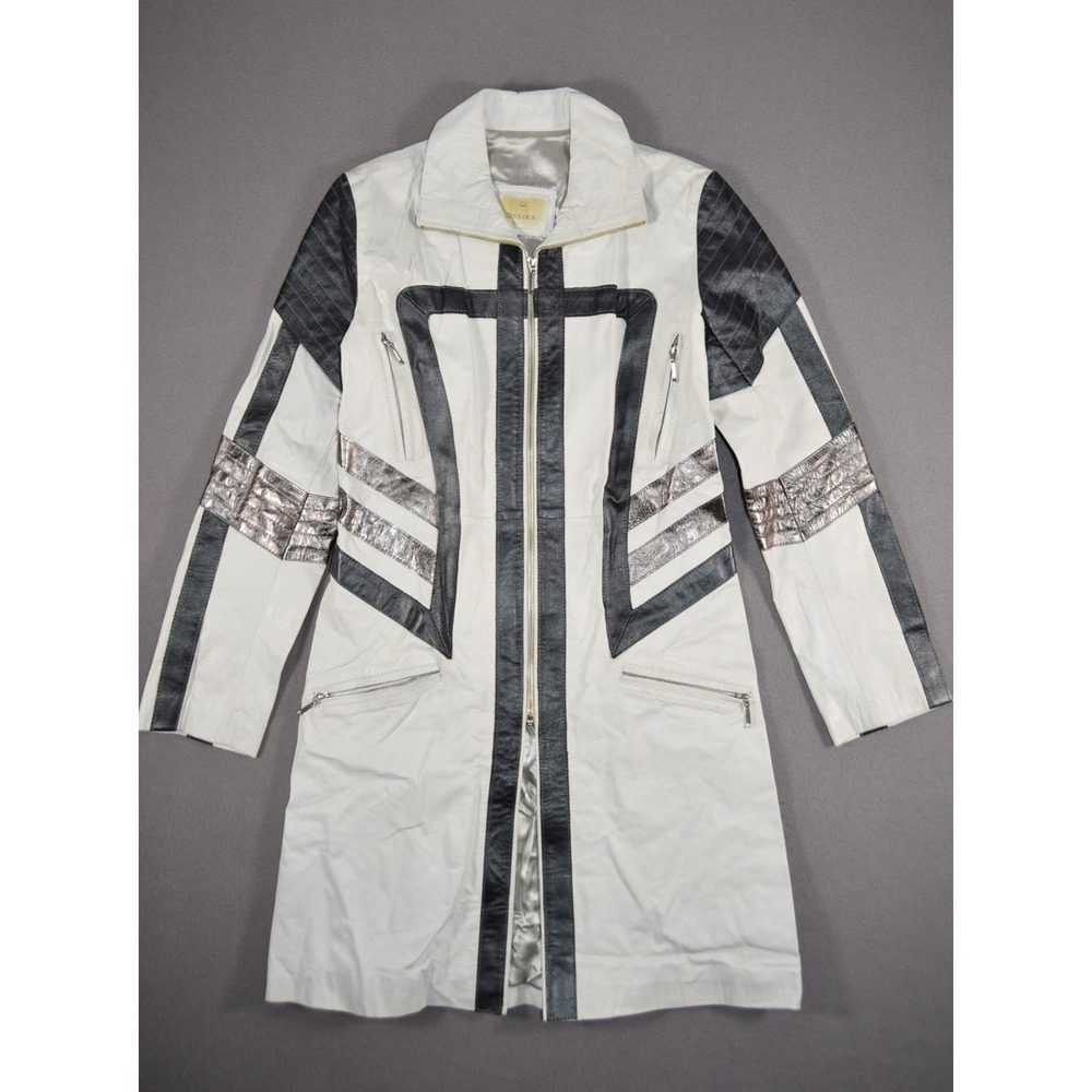 Vintage Ossira Jacket Womens Small White Leather Silver Lined Striped Biker Mid
